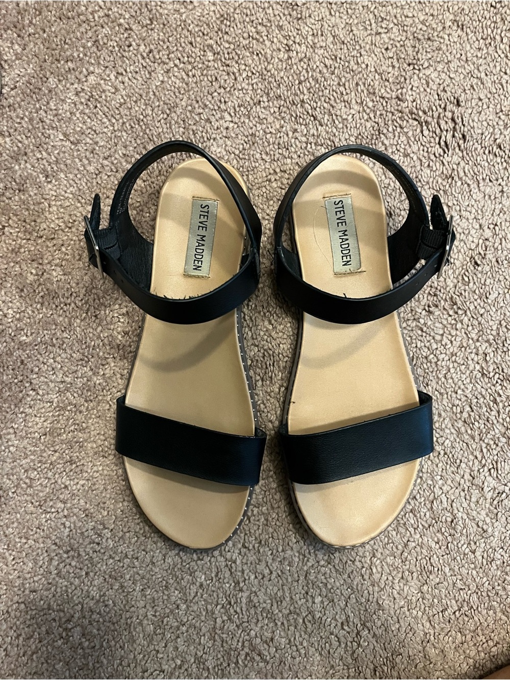 Steve Madden Black and Tan Open-Toe Ankle-Strap Sandals - Picture 2 of 6
